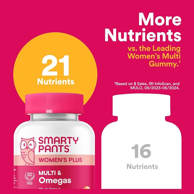 SmartyPants Women's Multivitamin Gummies, Omega 3 (DHA/EPA), Methylfolate, CoQ10, Vitamin D3, C, Vitamin B12, B6, A, K & Zinc, Inositol, Gluten Free, 120 Count (40 Day Supply)