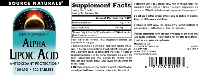 Source Naturals Alpha Lipoic Acid Supports Healthy Sugar Metabolism, Liver Function & Energy Generation* - 100 mg - 120 Tablets