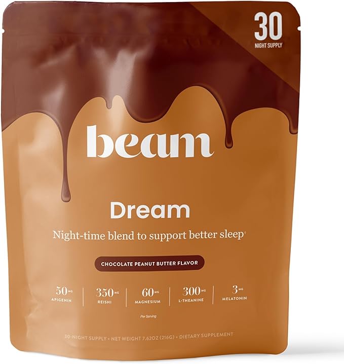 Beam Dream Sleep Powder – Sleep Aid for Adults with Melatonin, Magnesium, L-Theanine, Reishi Mushroom & Apigenin Sleep Supplement, Sleepy Cocoa Bedtime Drink Mix, Chocolate Peanut Butter, 30 Servings