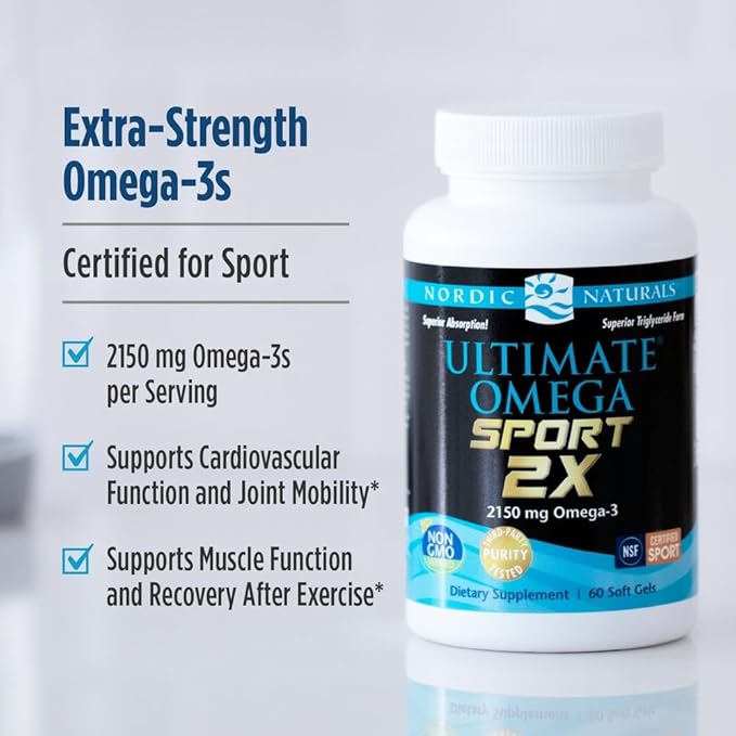 Nordic Naturals Ultimate Omega Sport 2X, Lemon Flavor - 60 Soft Gels - 2150 mg Omega-3 - NSF Certified Fish Oil with EPA & DHA - Heart & Muscle Health, Recovery - Non-GMO - 30 Servings