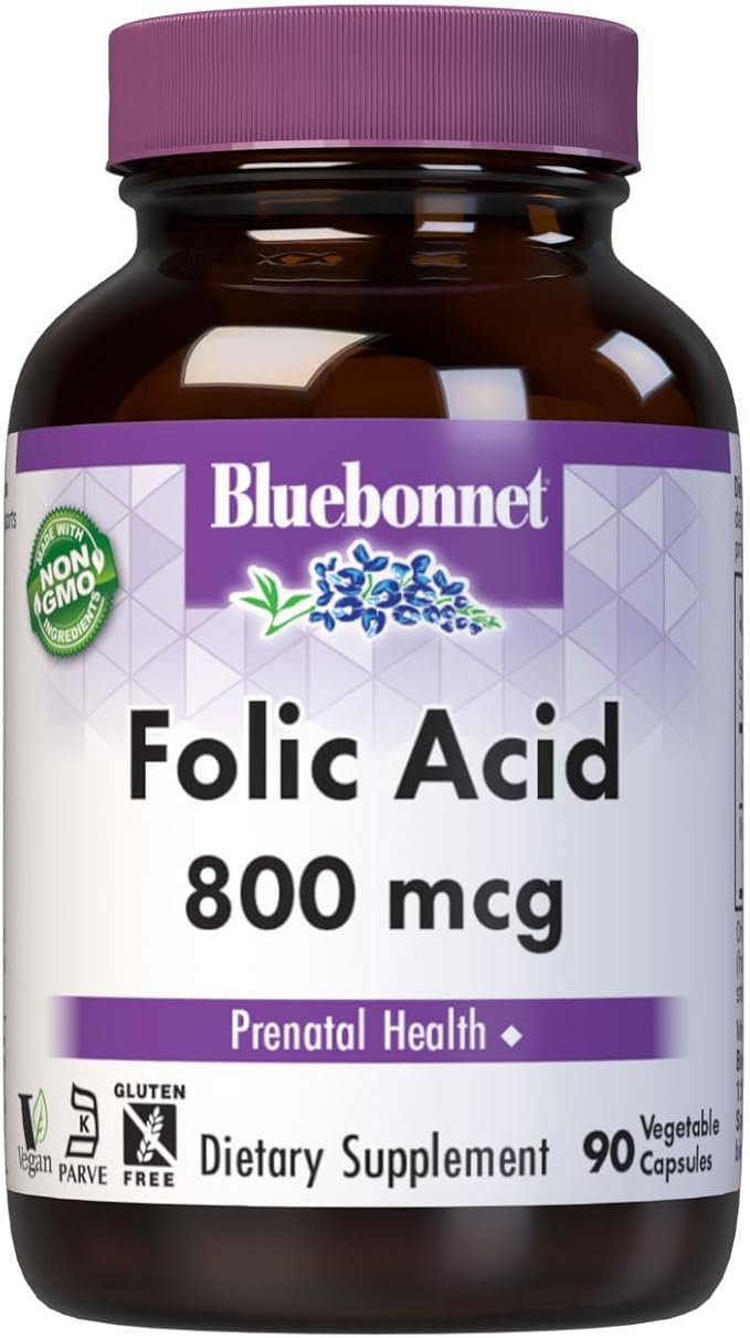 Bluebonnet Nutrition Folic Acid 800mcg, Healthy Neurological Development*, Soy-Free, Gluten-Free, Non-GMO, Kosher Certified, Dairy-Free, Vegan, 90 Vegetable Capsules