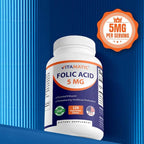 Vitamatic Folic Acid 5mg (5000 mcg) – 120 Vegetarian Tablets per Bottle | Pack of 2 (Total 240 Tablets) Vitamin B9 (Folate) | Supports Heart Health, Brain Function, and Prenatal Wellness