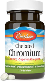 Carlson Chelated Chromium 200 mcg Superior Absorption - Healthy Metabolism Energy Production & Optimal Wellness - 100 Tablets