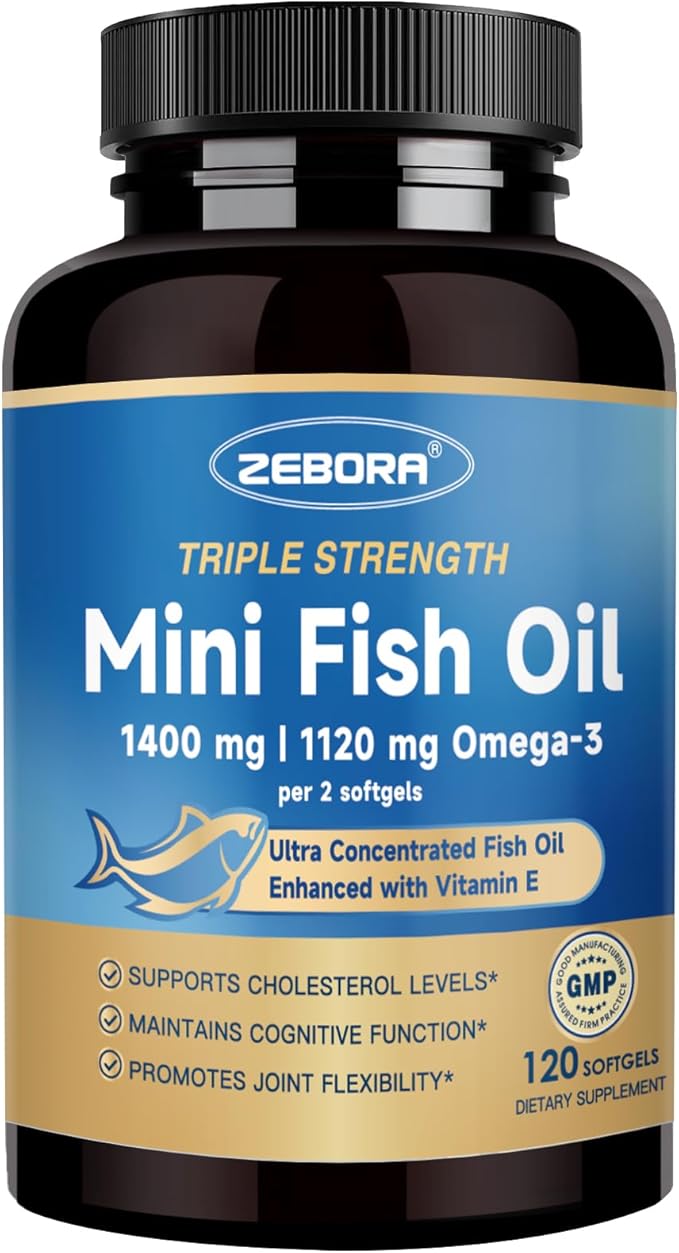 ZEBORA Triple Strength Mini Omega-3 Fish Oil 1400mg – rTG Omega 3 Ultra High-Potency – Supports Heart, Brain, Eye, Skin & Immune Health – Fatty Acids EPA, DHA & DPA, 120 Softgels