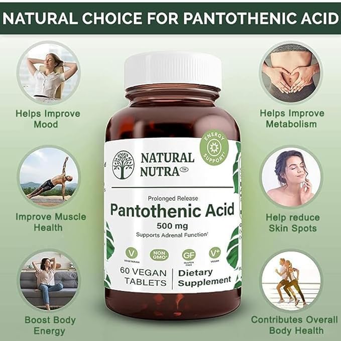 Natural Nutra Time Release Pantothenic Acid 500 mg, Vitamin B5 Supplement Helps Break Down Fat and Carbohydrates, Metabolism and Energy, Improve Muscle Health, 60 Vegetarian Tablets (3 Pack)