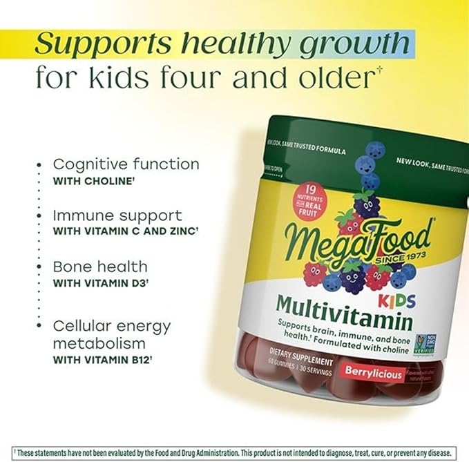 MegaFood Kids Multivitamin Gummies - Kids Vitamins - Age 4+ with Vitamin C, Vitamin D, Zinc, Choline, and Real Fruit - Brain & Immune Support - Berrylicious Flavor - 60 Gummies (30 Servings)