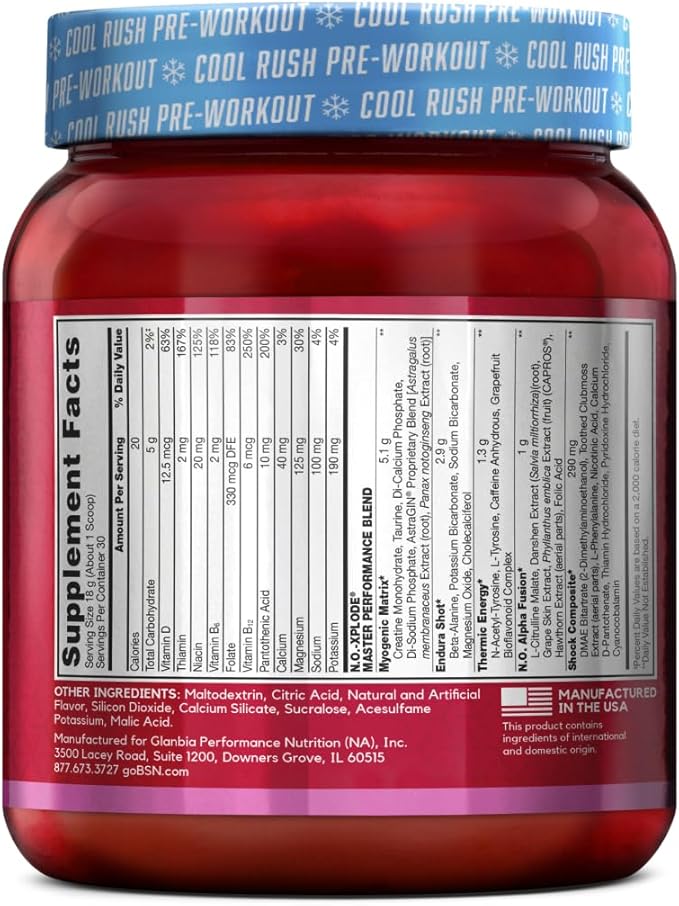 BSN N.O.-XPLODE Cool Rush Pre Workout Powder, Preworkout Energy Supplement for Men and Women with Creatine and Beta-Alanine, Bubblegum Blast, 30 Servings, 1.2 Pound (Packaging May Vary)