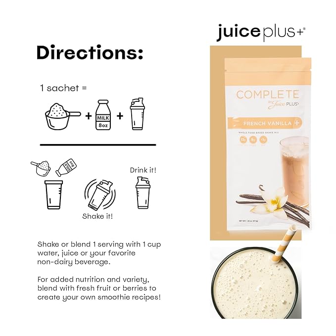 Complete by JuicePlus+ Single Serve French Vanilla Shakes - Plant-Based Nutrition - Vegan, Gluten-Free, Non-GMO, Kosher, Whole Food Based Shake Powder with Protein, Fiber & Prebiotics - 15 Servings