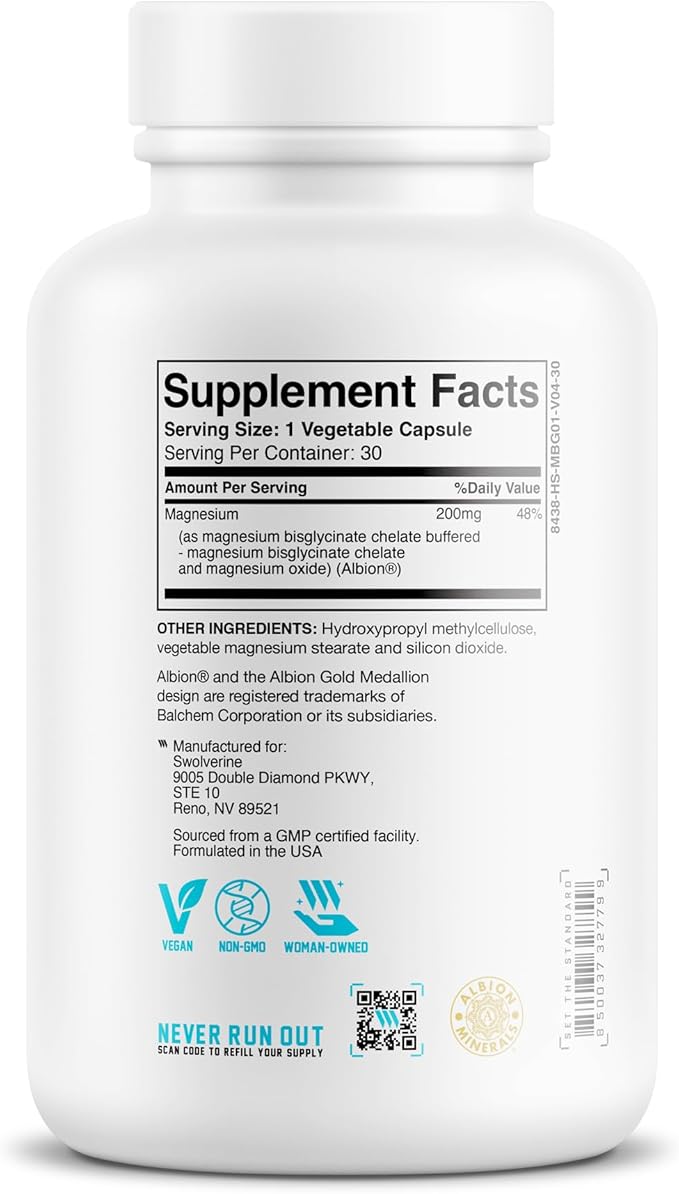 Swolverine® Magnesium Bisglycinate 200mg – TRAACS® Chelated Magnesium from Albion® | Highly Absorbable, Gentle on Stomach (30 Servings)
