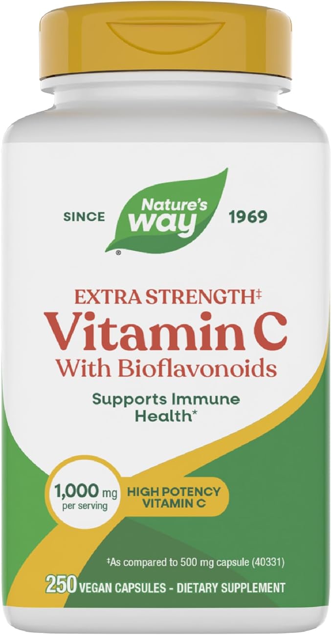 Nature's Way Extra Strength(1) Vitamin C with Bioflavonoids, Supports Immune Health*, Promotes Collagen Production for Healthy Skin*, 1,000 mg per Capsule, 250 Vegan Capsules (Packaging May Vary)