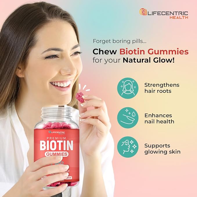 LifeCentric Health Biotin Gummies for Adults | Max Strength Biotin 10000mcg | Chewable Biotin Supplement for Women and Men | 100 Count Vegan Hair Gummies for Hair Skin and Nails