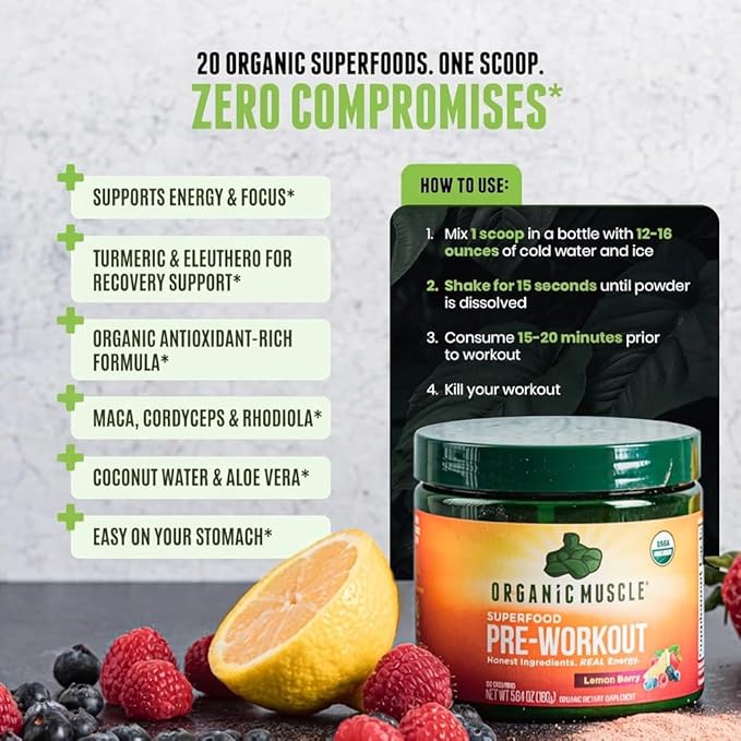 Organic Muscle Organic Pre Workout Powder, Lemon Berry — USDA Organic Superfood Blend | Maca, Beet Root, Cordyceps, Rhodiola | 150mg Natural Caffeine, Vegan, No Jitters, 20 Servings