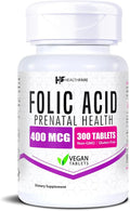 Healthfare Folic Acid 400mcg | 300 Veg Tablets | Folate Vitamin B9 | Gluten-Free | Non-GMO | Made in USA