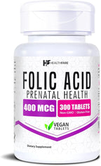 Healthfare Folic Acid 400mcg | 300 Veg Tablets | Folate Vitamin B9 | Gluten-Free | Non-GMO | Made in USA