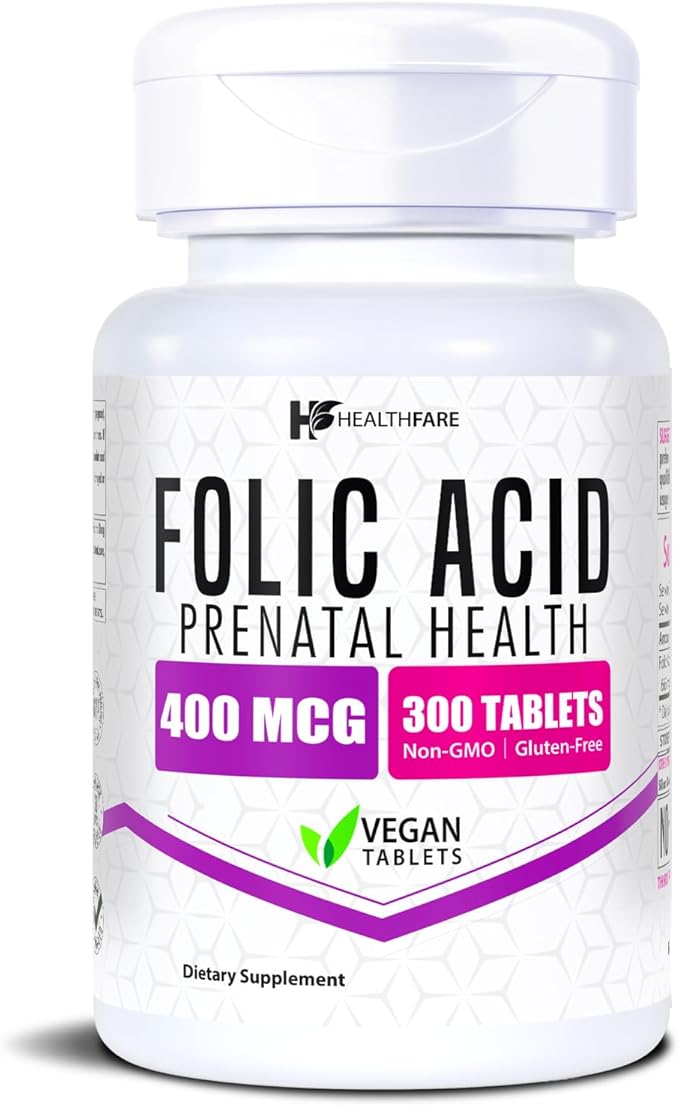 Healthfare Folic Acid 400mcg | 300 Veg Tablets | Folate Vitamin B9 | Gluten-Free | Non-GMO | Made in USA