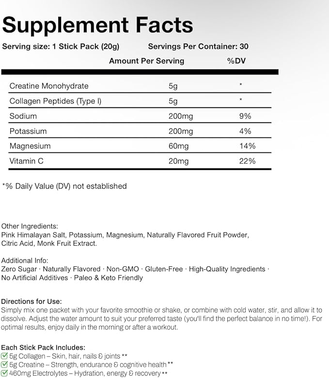 DAILY TRIFECTA 3-in-1 Collagen, Creatine & Electrolyte Stick Packs | Type I Collagen, Creatine Monohydrate, Zero Sugar | 30 Natural Single-Serve Packets | Strength, Hydration & Recovery (Unflavored)