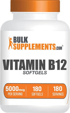 BulkSupplements.com Vitamin B12 5000 mcg Softgels - Cyanocobalamin, Vitamin B Supplements, B12 Vitamins Pills - Gluten Free, 1 Vitamin B12 Softgel per Serving, 180-Day Supply, 180 Softgels
