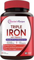Doctor's Recipes Iron Supplement for Women & Men, 65mg from Ferrous Bisglycinate Sulfate Carbonyl Iron, Non-Constipating, Vitamin C for Optimal Absorption, Energy, Blood Support, 60 Tabs