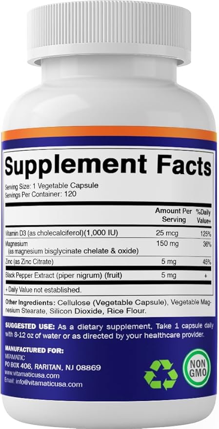 Vitamatic Magnesium (from Bisglycinate & Oxide) with Vitamin D3 & Zinc - 120 Veg Capsules - Supports Muscle, Joint, Nerve & Heart Health – Non-GMO, Gluten-Free - 2 Pack