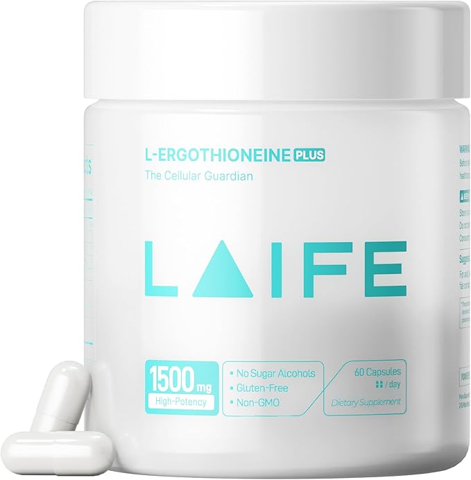 LAIFE L-Ergothioneine PLUS Supplement, Cellular Antioxidant Supplement for Energy, Skin, Vitality & Whole-Body Wellness with L-Ergothioneine, NR, Quercetin, Curcumin & Magnesium Glycinate, 60 Capsules