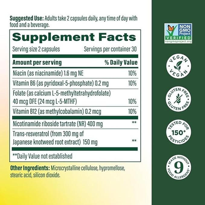 MegaFood NAD+ Supplement with Nicotinamide Riboside & Resveratrol - NMN Supplement Alternative - Vitamin B12, B6, Methylfolate & Niacin - NAD for Healthy Aging - Non-GMO - 60 Capsules, 30 Servings