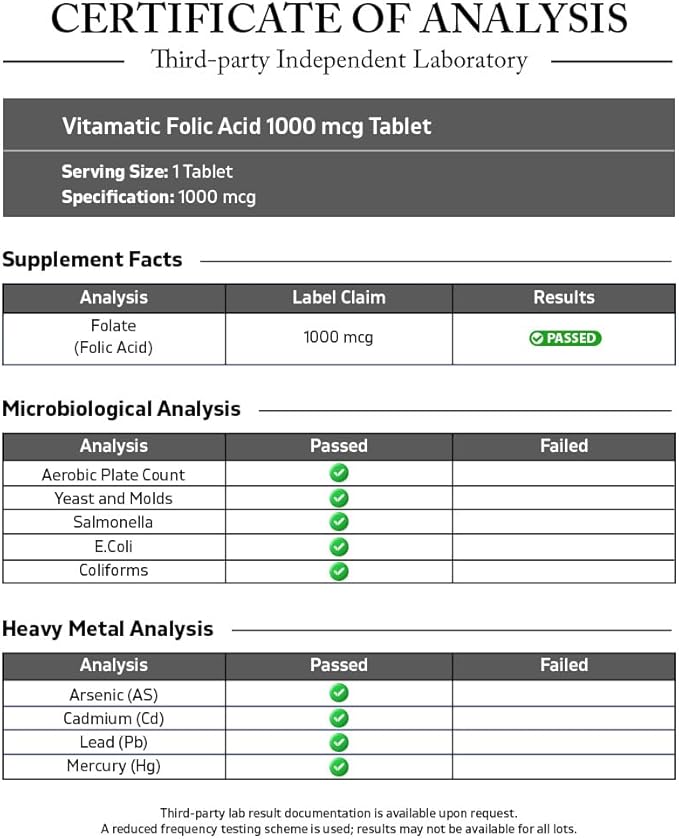 Vitamatic Folic Acid 1000 mcg (1 mg) - Vegetarian Tablets - 1667 mcg DFE - Vitamin B9 (240 Count (Pack of 3))
