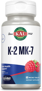 KAL Vitamin K2 MK7 ActivMelt 100 mcg Tablets - Vitamin K Supplement for Nutritional Support for Women & Men, Non-GMO, Vegan, Gluten Free - Natural Raspberry Flavor, 60 Micro Tablets