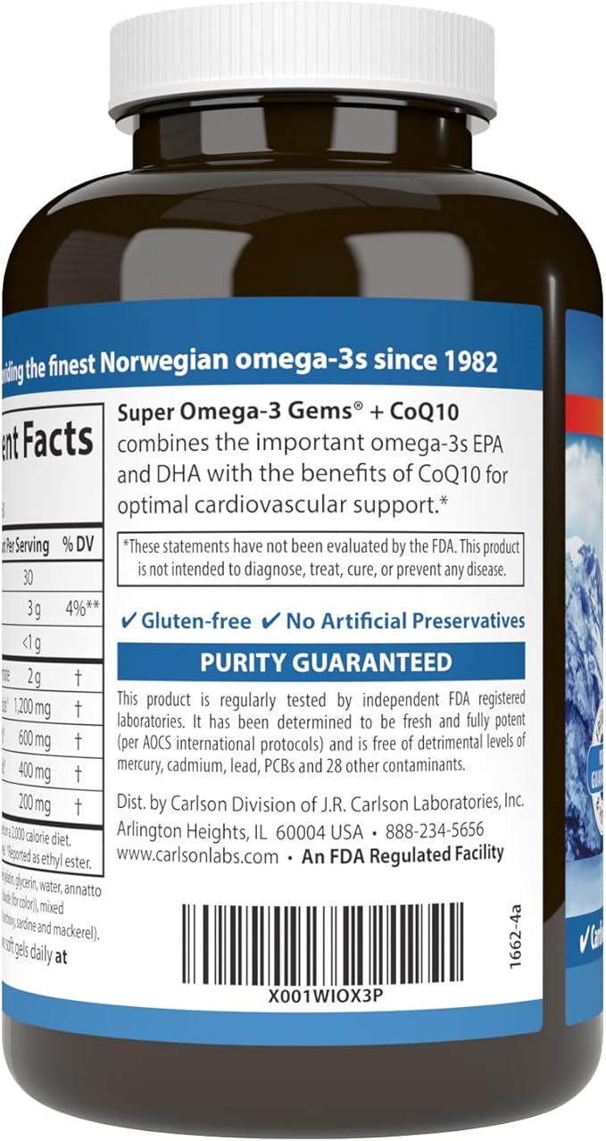 Carlson - Super Omega-3 Gems + CoQ10, 1200 mg Omega-3s 200 mg CoQ10, Circulation Function, Energy Production & Circulatory Support, 120 Softgels