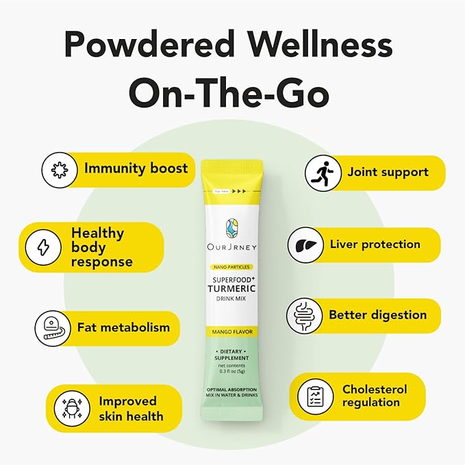 Nano Turmeric Curcumin Drink Powder Supplements–Mango Flavor Daily Morning Routine Immunity Wellness Shot, Gut Health & Joint Support - No Added Sugar, Vegan, Gluten-Free, Non-GMO,28 Sachets