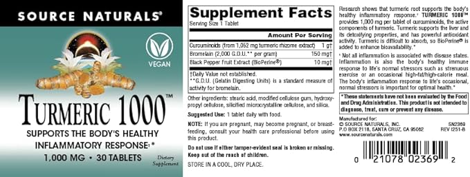 Source Naturals Turmeric 1000, Supports the Body’s Healthy Inflammatory Response*, 1,000mg - 30 Tablets