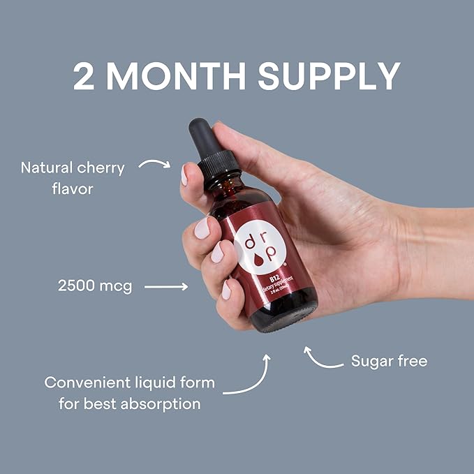 Vitamin B12 2500 mcg 2 oz Liquid Drops for Energy Production, Nervous System Health - No Artificial Preservatives, Non-GMO, Gluten Free, Vegan-Friendly