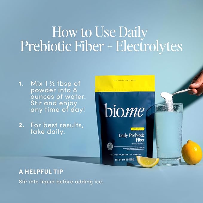 Bio.me Daily Prebiotic Fiber Lemonade with Electrolytes - 7g Per Serving - Soluble Fiber Supplement Powder for Women & Men - Digestive Health, Gut Health & Hydration - Sugar Free - 30 Servings