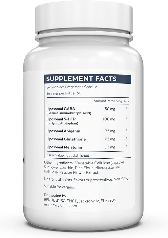 Renue By Science Restore PM | Liposomal Melatonin GABA Supplements | 60 Capsules with Melatonin (1mg) 5HTP (100mg) Glutathione (65mg) Apigenin (75mg) GABA (150mg) - Non-GMO | Made in the USA