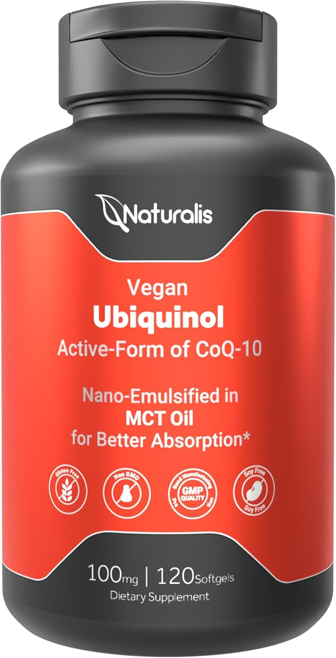 Naturalis Ubiquinol 100mg Active CoQ-10 Emulsified in MCT Oil for Better Absorption | Gluten Free, Non-GMO & Soy-Free | Cardiovascular Wellness, Antioxidant Protection, and Healthy Skin*| 120 Softgels