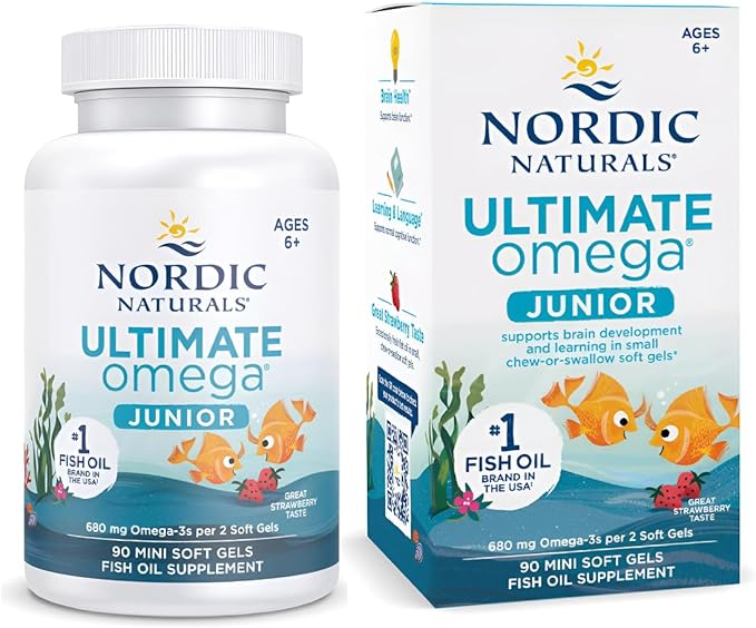 Nordic Naturals Ultimate Omega Jr., Strawberry - 90 Mini Soft Gels - 680 Total Omega-3s with EPA & DHA - Brain Health, Mood, Learning - Non-GMO - 45 Servings