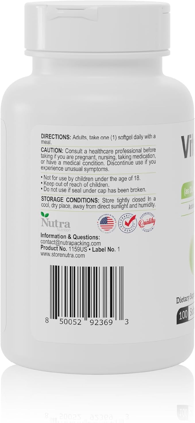 Nutra Vitamin E 1000 IU Softgels (as DL-Alpha-tocopheryl Acetate) – Antioxidant Support, Skin & Hair Health, 100 Softgels – Vitamin E Complex Formula
