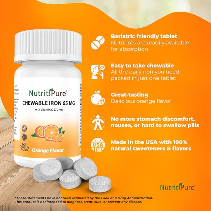 Chewable Carbonyl Iron 65mg with 270mg Vitamin C – Bariatric Friendly Tablet (Non-Gummy), Sugar-Free Orange Flavor - Iron Supplement – 60 Tablets (60 Day Supply)