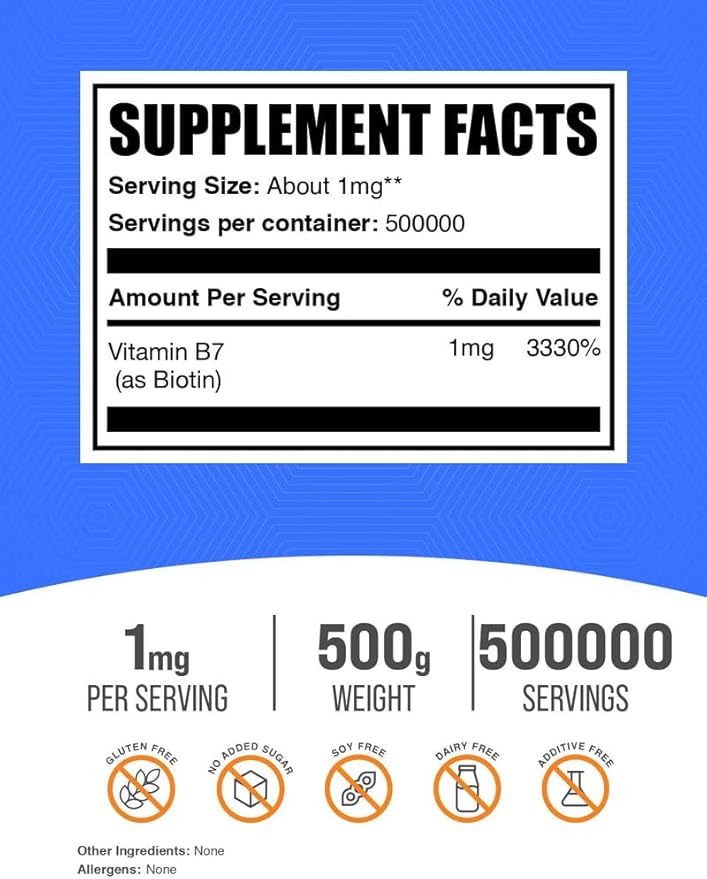 BulkSupplements.com Pure Biotin Powder - as Vitamin B7, Biotin Vitamins for Hair, Skin and Nails - Gluten Free, 1mg per Serving, 500g (1.1 lbs) (Pack of 1)