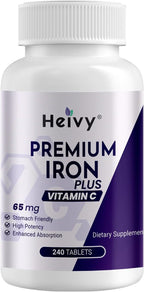 Heivy Ferrous Sulfate 325mg, Iron 65mg, Iron with Vitamin C – High Potency Iron Supplement for Women & Men – Premium Pure Ingredients, Gentle on Stomach, 240 Tablets, Made in USA