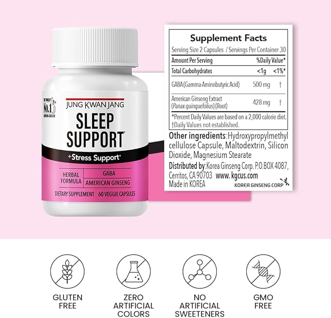 JUNG KWAN JANG Sleep Support GABA Complex 500mg with American Ginseng - Sleep Aid Supplement for Meditation Support, Better Sleep, and Increased Energy, 60 Capsules for Men and Women