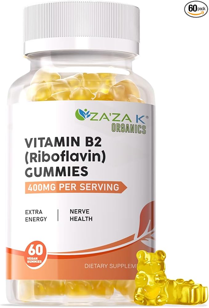 ZA'ZA K ORGANICS Vitamin B2 Gummies - Riboflavin 400 mg for Kids & Adults, Vegan Essential Vitamin B2 Supplements, Energy Support & Nerve Health, 60 Gummies