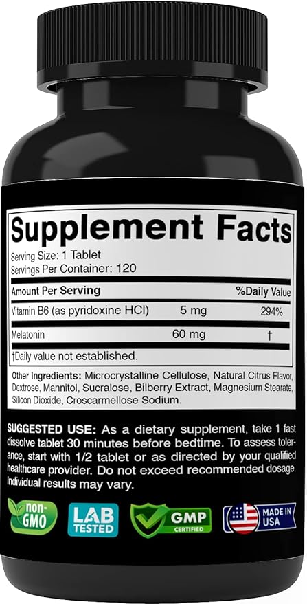 Vitabod Melatonin 60 mg with Vitamin B6 – 120 Fast Dissolve Tablets Extra-Strength Sleep Support – Drug-Free – Natural Citrus Flavor – Vegetarian, Non-GMO, Gluten-Free