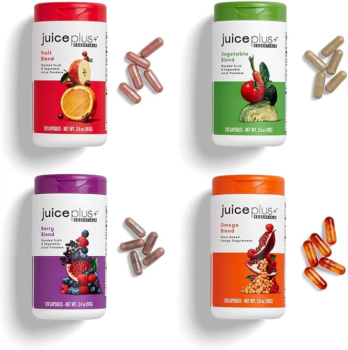 Juice Plus+ Fruit, Vegetable, Berry & Omega Blend Capsules - Nutrition from 30 Fruits, Vegetables & Berries + Plant-Based Omega Fatty Acids - 4 Bottles (60 Servings Each)