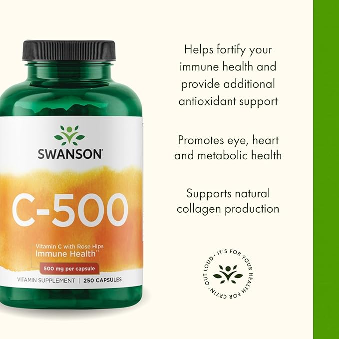 Swanson Vitamin C 500 - Herbal Supplement Promoting Skin Health, Heart Health & Immune System Support - Natural Formula Supporting Defense & Wellness - (250 Capsules, 500mg Each)