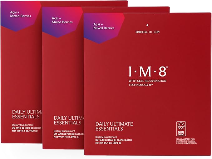 IM8 Daily Ultimate Essentials All-in-One Multivitamin Supplement, 92 Nutrient Rich Ingredients CoQ10, Probiotics, Vitamins, Greens, Gluten Free, Vegan (90 Packets, Acai and Mixed Berries)