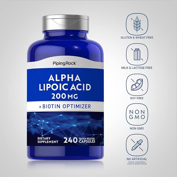 Piping Rock Alpha Lipoic Acid 200mg | 240 Capsules | Plus Biotin | Non-GMO, Gluten Free Supplement