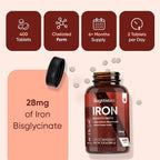 WeightWorld Chelated Iron Bisglycinate 28mg Tablets for Blood Health & Energy (6-Month Supply) - Gentle Iron Supplement Vegan - 400 Tablets - Ferrous Bisglycinate for Women & Men - Non-GMO