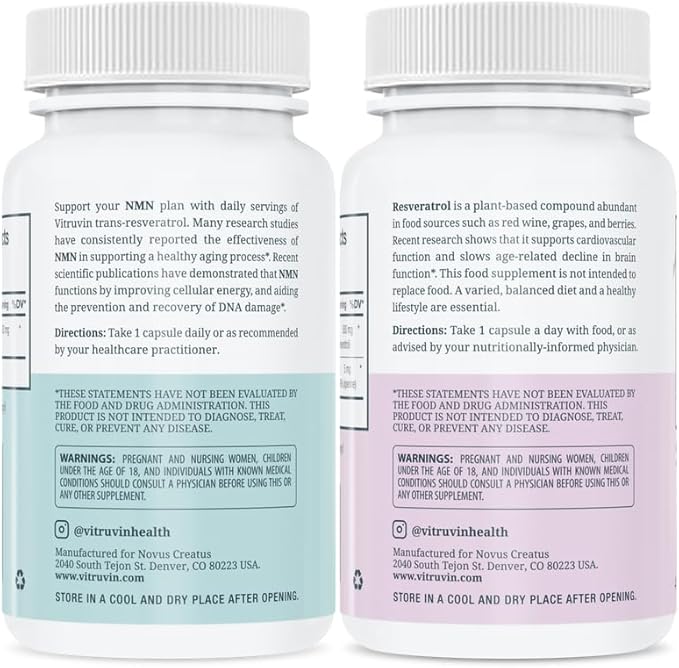VITRUVIN Longevity Supplement - NMN 500MG + Trans-Resveratrol 500MG with Piperine - Vegan, Non-GMO, Gluten-Free, Gelatin-Free
