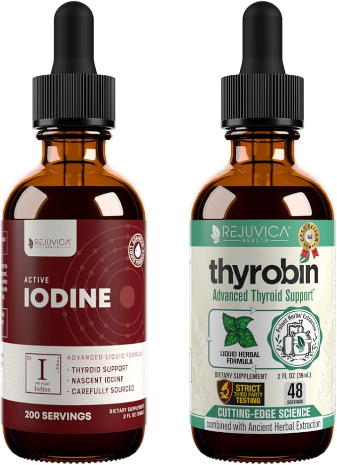 Rejuvica Health Active Iodine + Thyrobin Bundle - Nascent Iodine Drops & Thyroid Support Supplements - Advanced Liquid Deliver