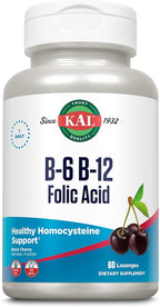 KAL Vitamin B-6 B-12 Folic Acid Supplement, B Vitamins for Healthy Energy, Heart & Red Blood Cell Support, w/Vitamin B12 Methylcobalamin and Folate, Natural Cherry, Gluten Free, 60 Serv, 60 Lozenges